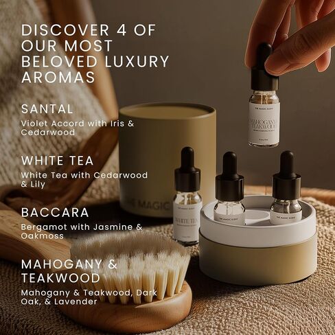 The Magic Scent Discovery Set - Mahogany & Teakwood, White Tea, Baccara, & Santal Hotel & Home Luxury Scents - Diffuser Oil Scents for Home, Designed for All Diffusers - 4x10 mL in Saudi Arabia