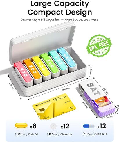 Daviky Pill Organizer 1 Time a Day, Drawer Style 7 Day Pill Case with Detachable Daily Boxes, Large Capacity Travel Pill Organizer for Vitamins, Fish Oil, Supplements, Color Coded in Kuwait