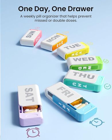 Daviky Pill Organizer 1 Time a Day, Drawer Style 7 Day Pill Case with Detachable Daily Boxes, Large Capacity Travel Pill Organizer for Vitamins, Fish Oil, Supplements, Color Coded in Kuwait