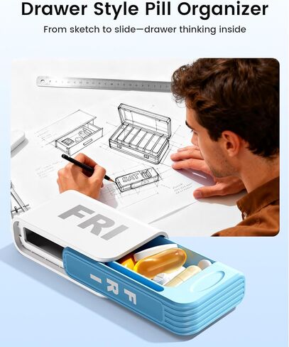 Daviky Pill Organizer 1 Time a Day, Drawer Style 7 Day Pill Case with Detachable Daily Boxes, Large Capacity Travel Pill Organizer for Vitamins, Fish Oil, Supplements, Color Coded in Kuwait