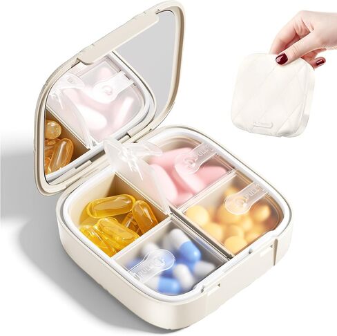 Betife Travel Pill Organizer for Purse, Small Cute Pill Box with Mirror, 4 Large Compartment Pill Case, Waterproof Medicine Container, Portable Vitamin Case BPA-Free (Classic Black) in Saudi Arabia