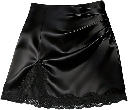 RoseSeek Women's Lace Satin Slit Skirt Ruched High Waisted Bodycon Mini Skirts Party Night Out Skirts in Kuwait