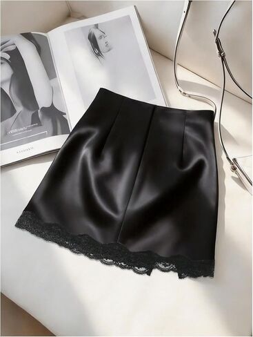 RoseSeek Women's Lace Satin Slit Skirt Ruched High Waisted Bodycon Mini Skirts Party Night Out Skirts in Kuwait
