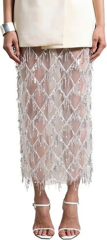 Vaceky Fringe Sequin Skirt Women Sheer Glitter Sparkly Long Cover Up Pencil Skirts in Kuwait