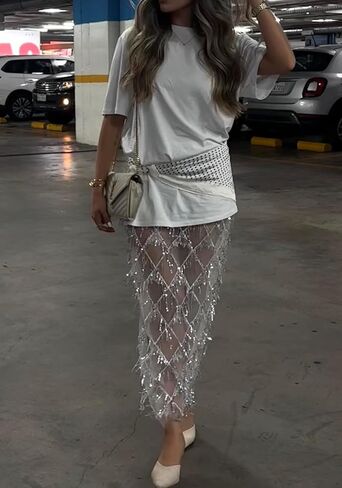 Vaceky Fringe Sequin Skirt Women Sheer Glitter Sparkly Long Cover Up Pencil Skirts in Kuwait