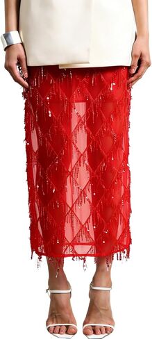 Vaceky Fringe Sequin Skirt Women Sheer Glitter Sparkly Long Cover Up Pencil Skirts in Kuwait