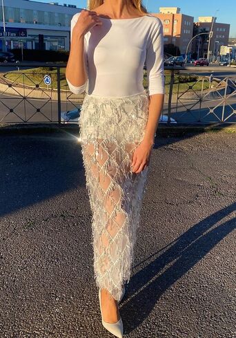Vaceky Fringe Sequin Skirt Women Sheer Glitter Sparkly Long Cover Up Pencil Skirts in Kuwait