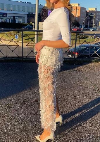 Vaceky Fringe Sequin Skirt Women Sheer Glitter Sparkly Long Cover Up Pencil Skirts in Kuwait