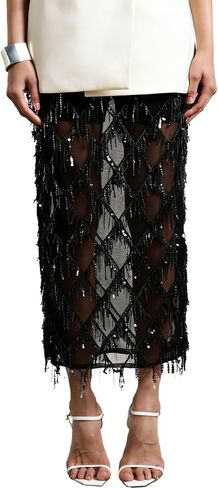 Vaceky Fringe Sequin Skirt Women Sheer Glitter Sparkly Long Cover Up Pencil Skirts in Kuwait