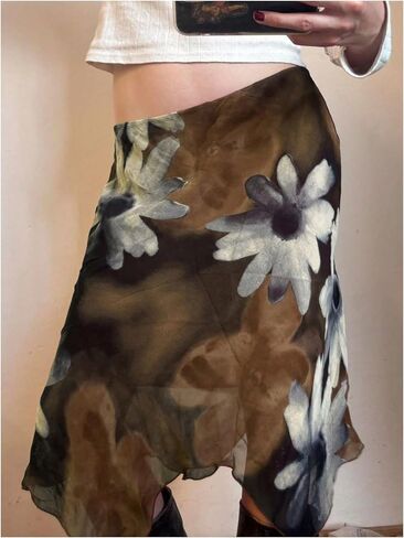 OYOANGLE Women's Floral Sheer Midi Skirts Asymmetrical Layered Low Rise Flowy Beach Vacation Skirts in Kuwait