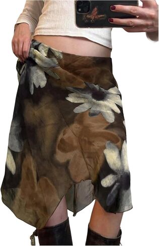 OYOANGLE Women's Floral Sheer Midi Skirts Asymmetrical Layered Low Rise Flowy Beach Vacation Skirts in Kuwait