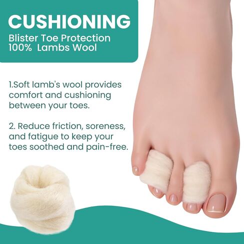 Welnove 3 Pcs Lambs Wool Padding for Toes - Provides Cushioning Comfort and Pain Relief Between Toes - Corn Cushion Blister Pads, 7/16 oz in Kuwait