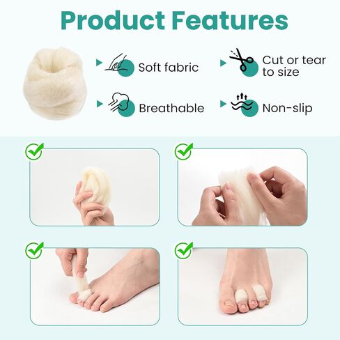 Welnove 3 Pcs Lambs Wool Padding for Toes - Provides Cushioning Comfort and Pain Relief Between Toes - Corn Cushion Blister Pads, 7/16 oz in Kuwait