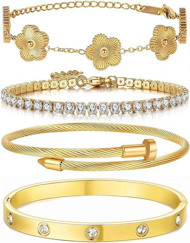 4PCS Gold Bracelet Stack Set (Sturdy Version) Real 18K-Gold Plated Bangle Bracelets (High Tarnish & Water Resistant) Tennis Love Nail Clover Gold Bracelets for Women (Fit Wrist 5.5-6.7 inch) in Saudi Arabia