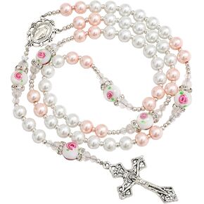 8mm Glass Pearl Beads Catholic Virgin Mary Rosary Necklace with Murano Rose Glory Beads for Women in Flannel Bag in Saudi Arabia