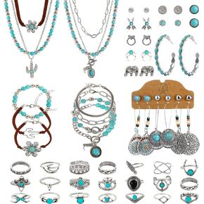 64 pieces Silver Bohemian Jewelry Sets with 6 pcs Turquoise Necklaces 7 pcs Bracelets 15 pairs Earrings 21 pcs Knuckle Rings Suitable for Daily life Gatherings Party Festivals and Travel in Saudi Arabia