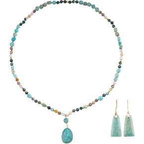 2 Pcs Boho Lapis Lazuli Jewelry Set for Women - Handmade Natural Stone Beaded Long Necklace with Oval Lapis Lazuli Pendant & Trapezoid Lapis Lazuli Earrings | Vintage Elegance | Ideal Gift for Her in Saudi Arabia
