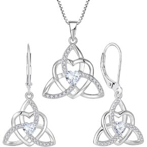 Trinity Knot Necklace Earrings 925 Sterling Silver Celtic Knot Love Heart Knot Pendant White Birthstone April Jewelry Set for Women in Kuwait