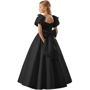 Satin Flower Girl Dress Bow Shoulder A-Line Ball Gowns for Wedding Puff Sleeve Formal Communion Party Dresses in Saudi Arabia