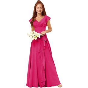 MRHUSH Junior Bridesmaid Dresses for Teen Girls Formal Dress V-Neck Chiffon Short Sleeve Ruffle Flower Girl Dress with Slit in Saudi Arabia
