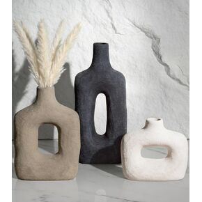 DREAMLOOM Ceramic Vase Set of 3, Modern Rustic Flower Vases for Pampas Grass, Dried & Fresh Flowers, Farmhouse Decorative Vase for Living Room Bedroom Kitchen Shelf Centerpiece, Black in Saudi Arabia