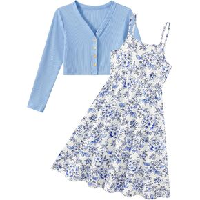 Enlifety Girls Dress with Cardigan Set, 2 Piece Sleeveless Printed Sundress & Long Sleeve Knit Cardigan for Girl 5-12 Years in Kuwait