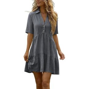 Linen Dresses for Women Summer Short Sleeve Flowy Mini Dress V Neck Ruffle A Line Sundress Beach Vacation Clothes in Saudi Arabia