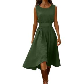 Formal Dresses for Women Crew Neck Pleated Tank Slim Dress Flowy Boho A Line Wedding Guest Party Sundress in Saudi Arabia