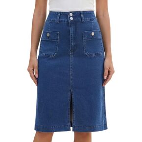 Womens Denim Skirt High Waisted Front Pockets Stretchy Below Knee Length Jean Skirts in Saudi Arabia