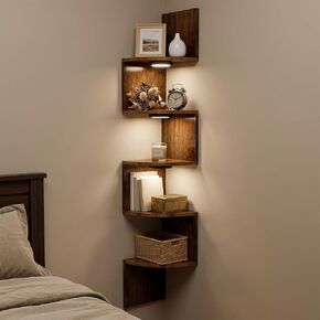 HAAYOT Corner Shelf Wall Mounted: 5-Tier Floating Shelves with Lights for Bedroom, Living Room, Home Office, Rustic Brown in Saudi Arabia