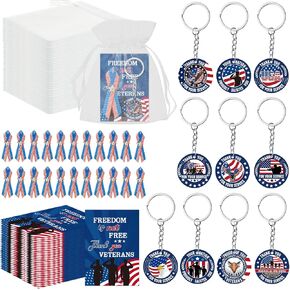 Memorial Day Gifts Set - 200P Veterans Day American Flag Satin Awareness Patriotic Ribbon Pins USA Keychain with Inspirational Card Star Patch Organza Bag Appreciation Retirement Party Supplies in Saudi Arabia