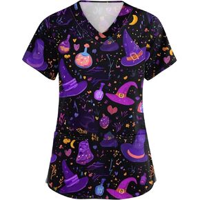 Halloween Scrub Tops Women Print Plus Size Scrubs for Women,Stretchy Nursing Pediatric Uniforms Shirts with Pockets in Saudi Arabia