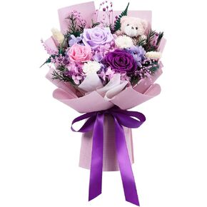 mapleway Preserved Flowers Bouquet with Bear, Long-Lasting Eteranl Flowers for Delivery Prime, 3 Roses Mixed Bouquet Forever Flowers Gifts for Mon Girlfriend Wife Her Anniversary Ceremony Birthday in Saudi Arabia