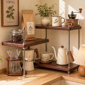 Solid Wood Coffee Station Organizer for Kitchen Countertop, Corner 3 Tier Adjustable Wooden Shelf with 304 Threaded Rod for Coffee Bar Accessories, Vintage Storage Caddy for Home, Cafes, Natural in Saudi Arabia