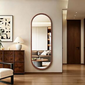 Niccy 66"×24" Wood Full Length Mirror, HD Long Walnut Oval Wall-Mounted Mirrors, Large Body Hanging Mirrors for Living Room, Explosion-Proof Wooden Frame Mirrors for Entryway, Bedroom, Walnut in Saudi Arabia