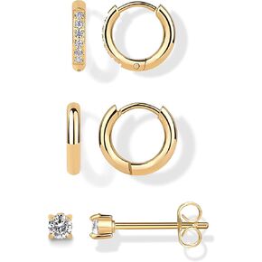 PAVOI Waterproof Huggie Hoop Earrings Set for Women - Stainless Steel Pack of 3 with Cubic Zirconia - Huggie Hoops, Stud & Luxe Styles - Trendy Fashion Piercing Jewelry in Kuwait