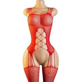 Sexy Bodystocking Crotchless Lingerie for Women, Fishnet Bodysuit Fish Net Body Suit Red, Onesize 90-165Lbs in Saudi Arabia