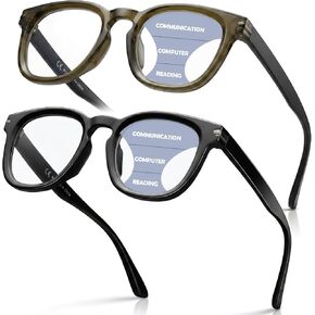 Missfive 2-Pack Retro Thick Progressive Multifocus Reading Glasses Men, Stronger 5-Barrel Metal Hinge Multifocal Computer Readers, No-Line Anti-blue Trifocal Eyeglasses for Middle-Near Range 1.5x in Kuwait