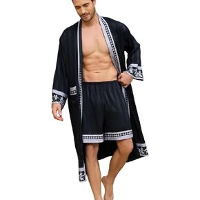Men's Satin Robe Luxurious Kimono Bathrobe with Shorts Lightweight Soft Loungewear Nightwear with Pockets in Saudi Arabia