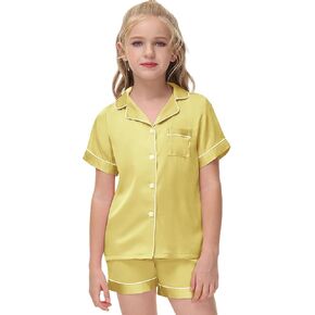 Veseacky Girl's Satin Pajamas Set Short Sleeve Button Sleep Shirt with Silky Shorts Set PJ for Teens (Yello,size 12) in Saudi Arabia