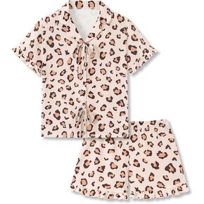 Beezizac Girls Ruffle Button Down Pajama - Bow/Fruit/Heart Coat Style Fixed Bow Tee&Shorts Soft 2pc Pjs Kid Sizes 6-18 in Saudi Arabia
