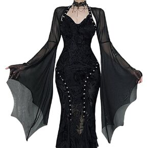 Women Rave Sheer Mesh Crop Shrug Top - Bat Bell Long Sleeve Gothic Vampire See Through Evening Dress Fall in Saudi Arabia