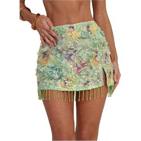 WDIRARA Women's Floral Sequin Mini Skirt Split Hem Skirts Festival Clubwear in Kuwait
