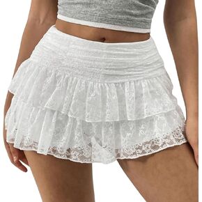 Women Floral Lace Mini Skirts Y2k Low Rise Layered Ruffled Hem Pleated A Line Skirt Fairycore Skirt Streetwear in Saudi Arabia