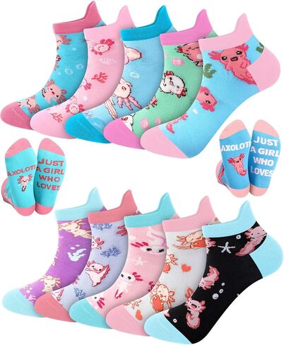 Skicuff 10 أزواج من جوارب Axolotl للفتيات والنساء جوارب كاحل قطنية لطيفة على شكل حيوانات هدايا عيد ميلاد لمحبي Axolotl هدايا الحفلات الصيفية in Kuwait