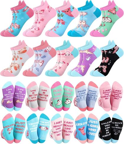 Skicuff 10 أزواج من جوارب Axolotl للفتيات والنساء جوارب كاحل قطنية لطيفة على شكل حيوانات هدايا عيد ميلاد لمحبي Axolotl هدايا الحفلات الصيفية in Kuwait