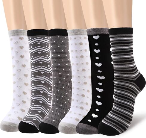 6 Pairs Womens Cotton Crew Socks Cute Casual Calf Socks Dress sock with Heart Polka Dot Striped Patterns in Kuwait