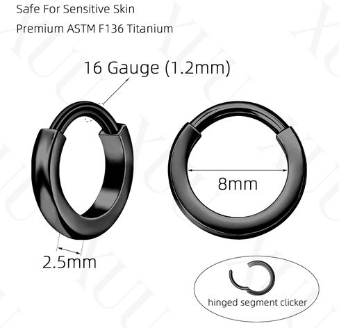 XUU Titanium Huggie Hoop Earings 16G - Implant Grade ASTM F136 Clicker Earrings, Hidden Clips & Water-Resistant, Hypoallergenic Jewelry, Slim or Chunky, 8mm & 10mm, 5 Colors, 1 Pair in Saudi Arabia