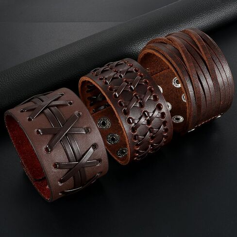 OIDEA متنوعة 3 قطعة رجل الشرير Multistrand الجلود مضفر الإسورة الكفة سوار لسائقي الدراجات النارية أبي الأب حجم قابل للتعديل in Kuwait