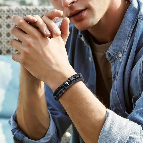 Leather Cross Bracelet Gifts for Men - Adjustable Double-Row Braided Leather Bracelets Faith Religious Catholic Christian Communion Baptism Easter Jewelry Gift for Men Boyfriend Husband Son Grandpa in Saudi Arabia
